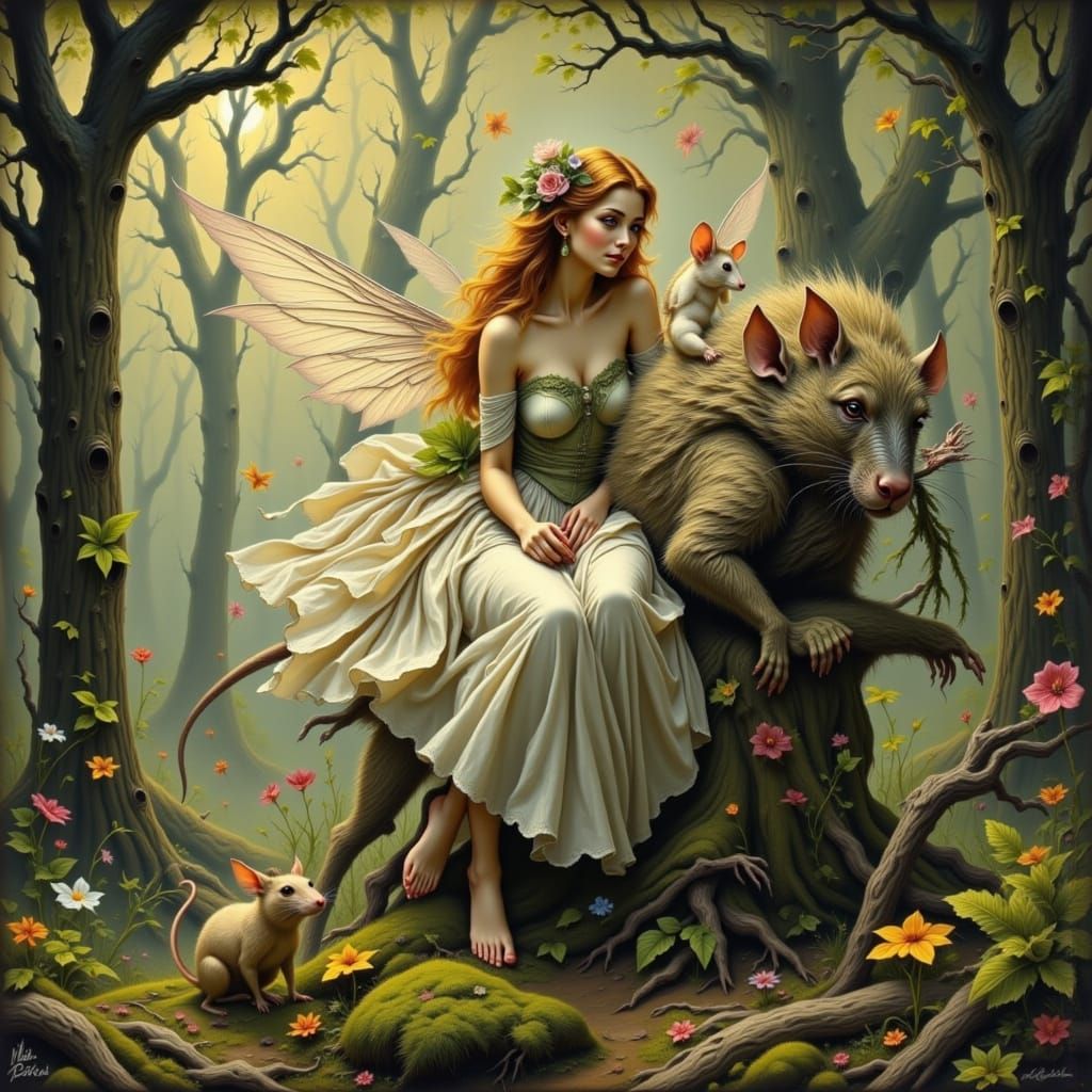 Fairy Riding a Rat in Enchanted Forest