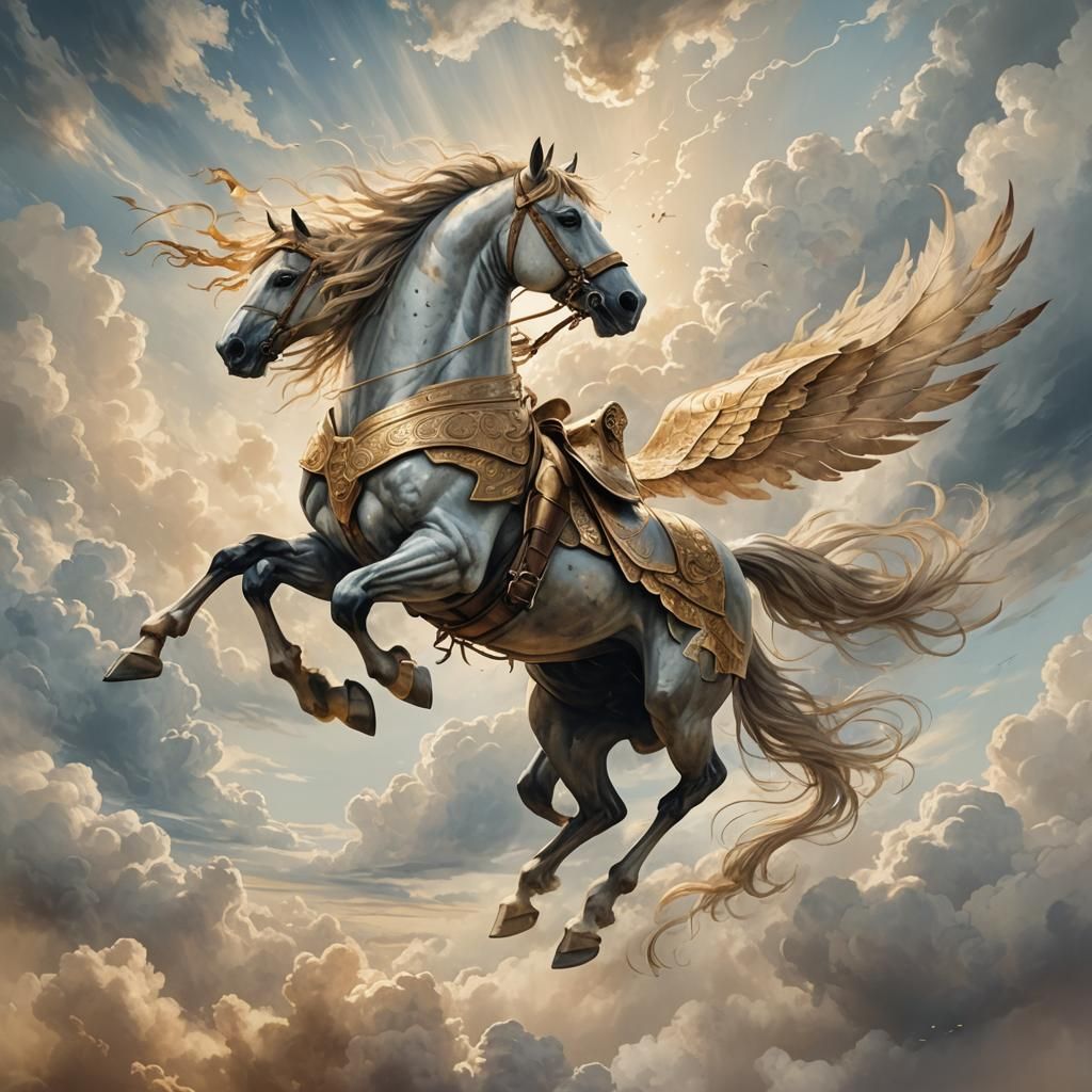 Winged Horse and Knight Descend in Watercolor Style