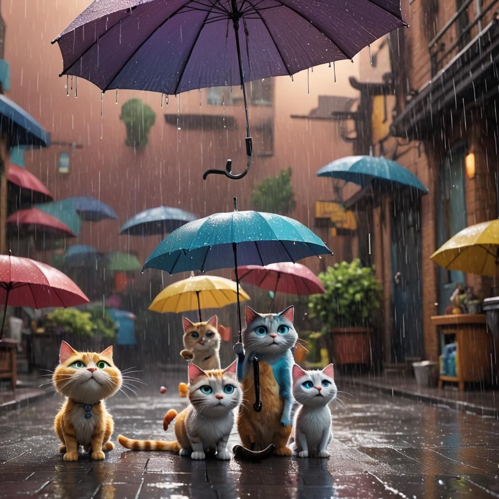 Cat Family in Rain: 3D Digital Art