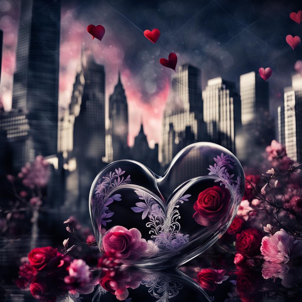 Glass Heart with Gothic Flowers, 3D Render
