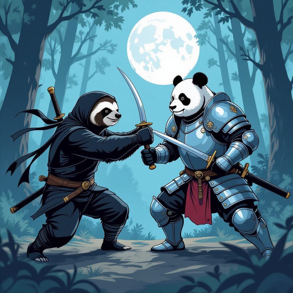Sloth Ninja vs Panda Knight in Comic Book Style