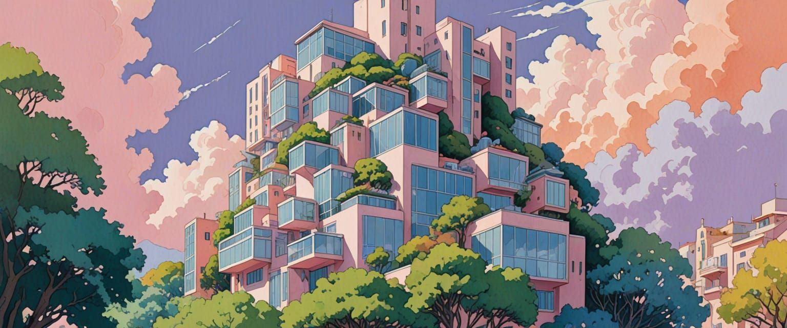 Pastel Futuristic City with Mediterranean Architecture