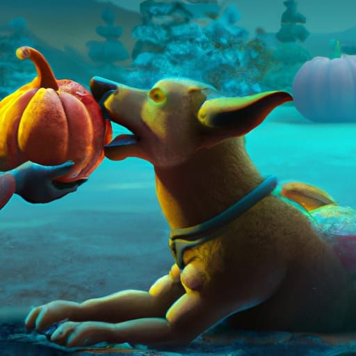 Dog's Delight: Pumpkin Feast in Detailed Matte Painting
