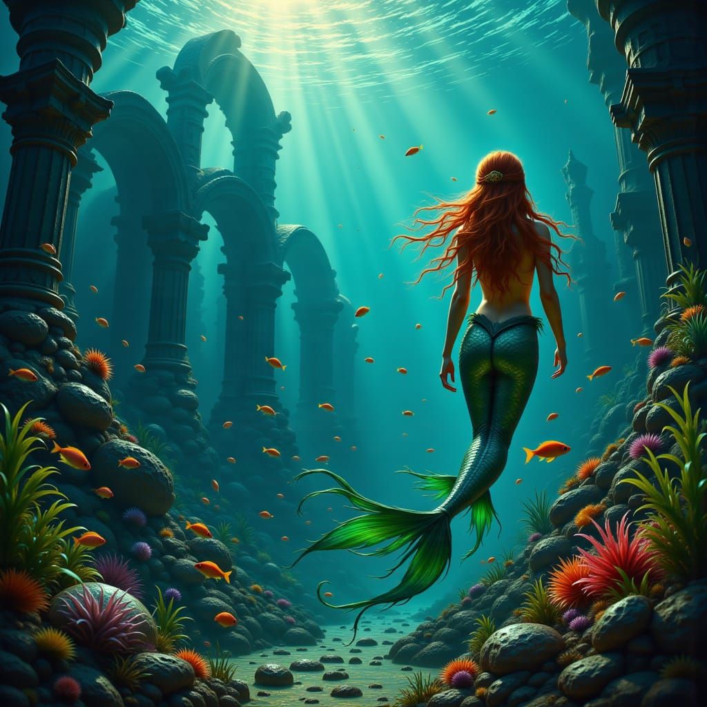 Regal Mermaid Explores Sunken Atlantis Ruins