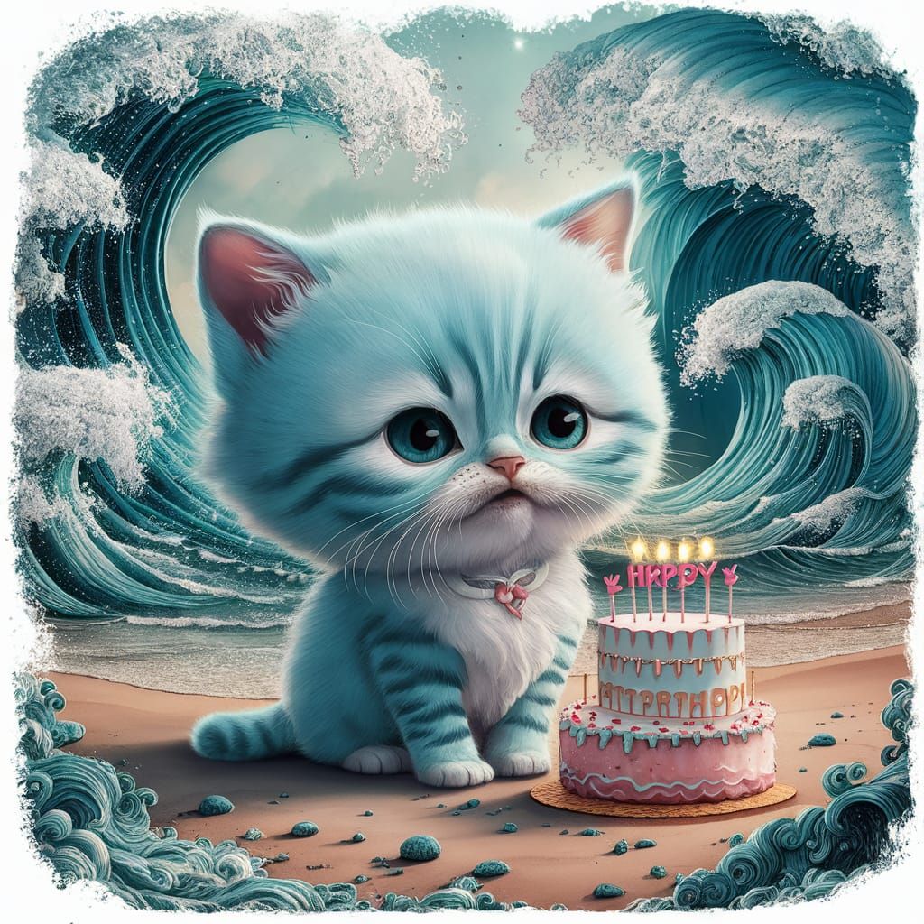 Pastel Kitten Birthday Party by the Shoreline in Watercolor