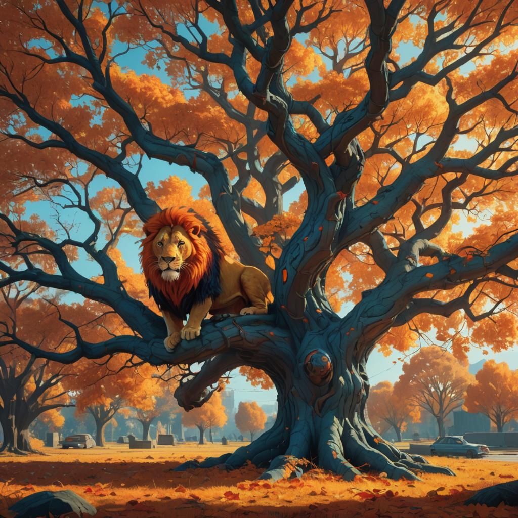 Lion Climbs Autumn Tree: Fantasy Concept Art
