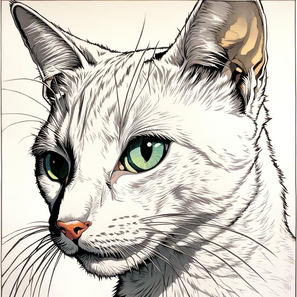 Friendly Cyborg Cat Inspired by Tourneur, Moebius, Schiele