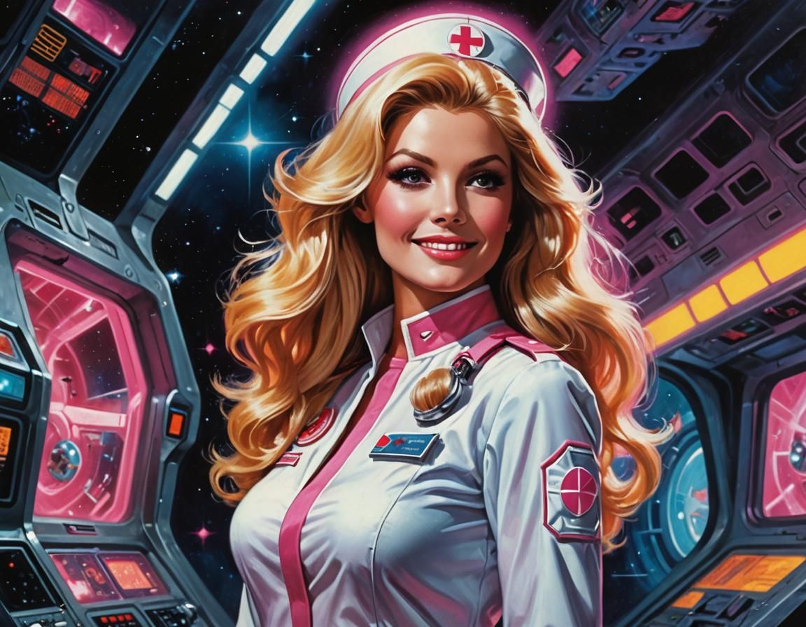Retrofuturistic Nurse in Space Station with Pink Accents