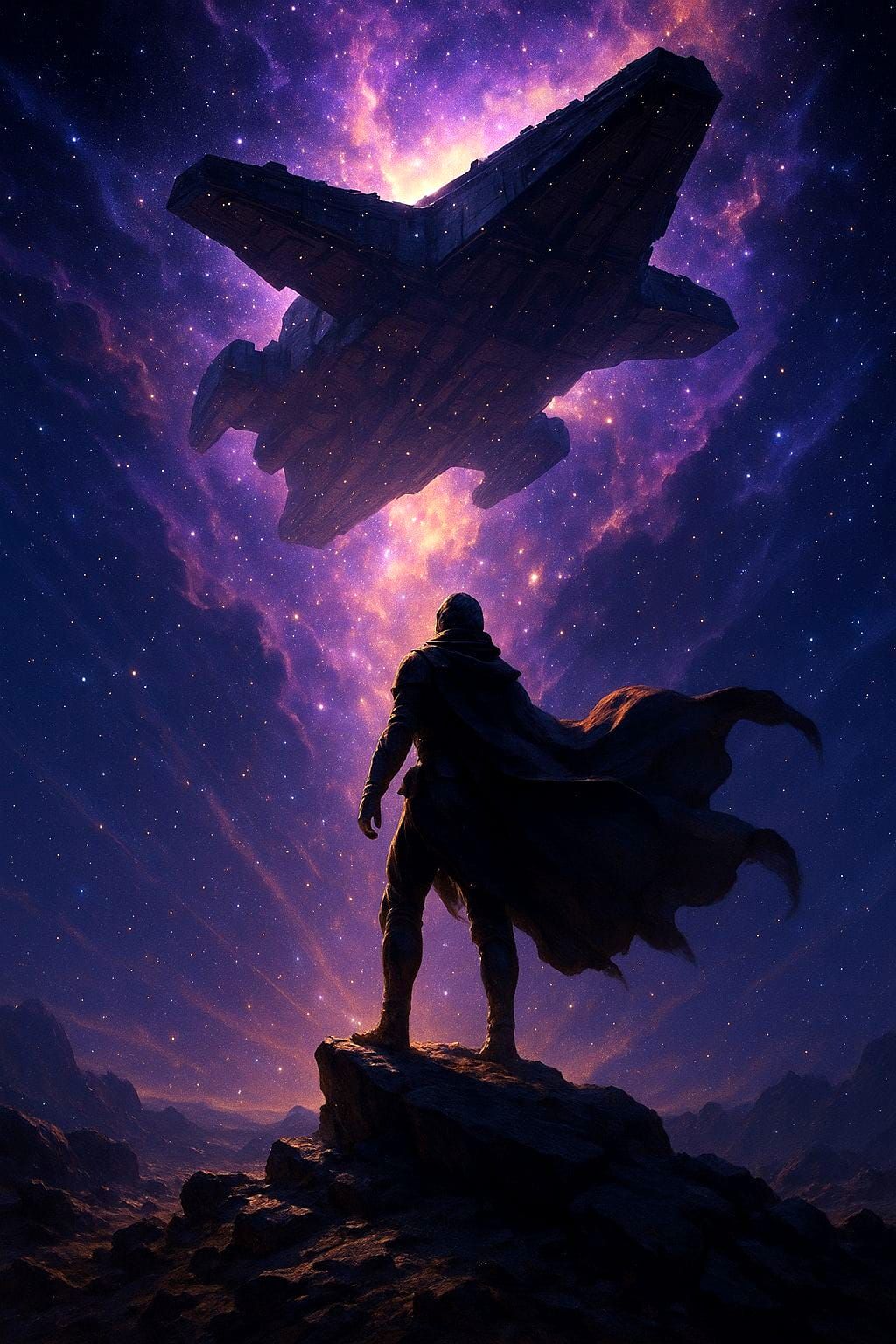 Futuristic Traveler Gazing at Starship in Nebula