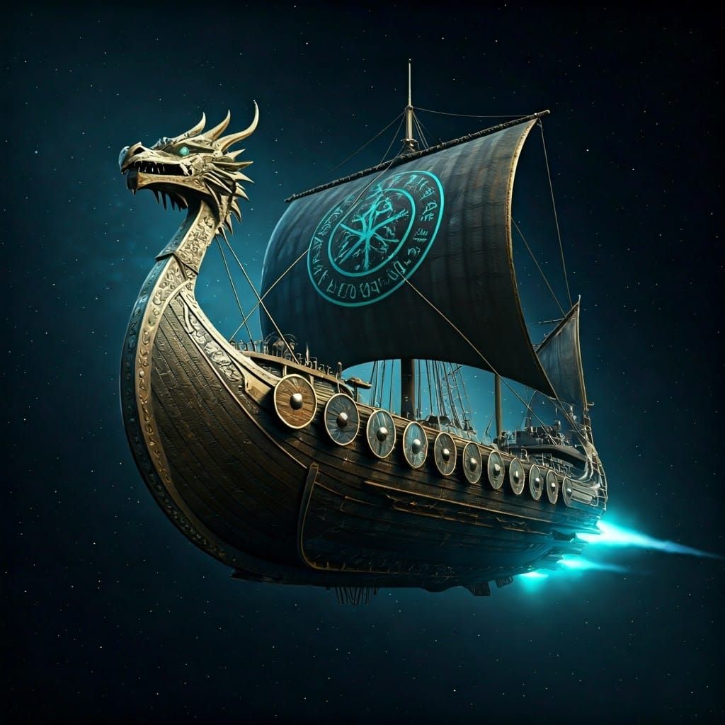 Norse Spaceship Hurtles Through Starry Expanse