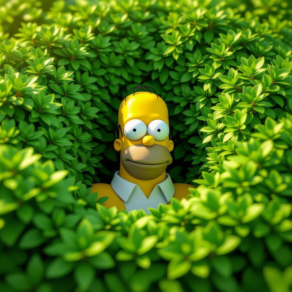 Homer Simpson Blends into Green Botanical Pattern