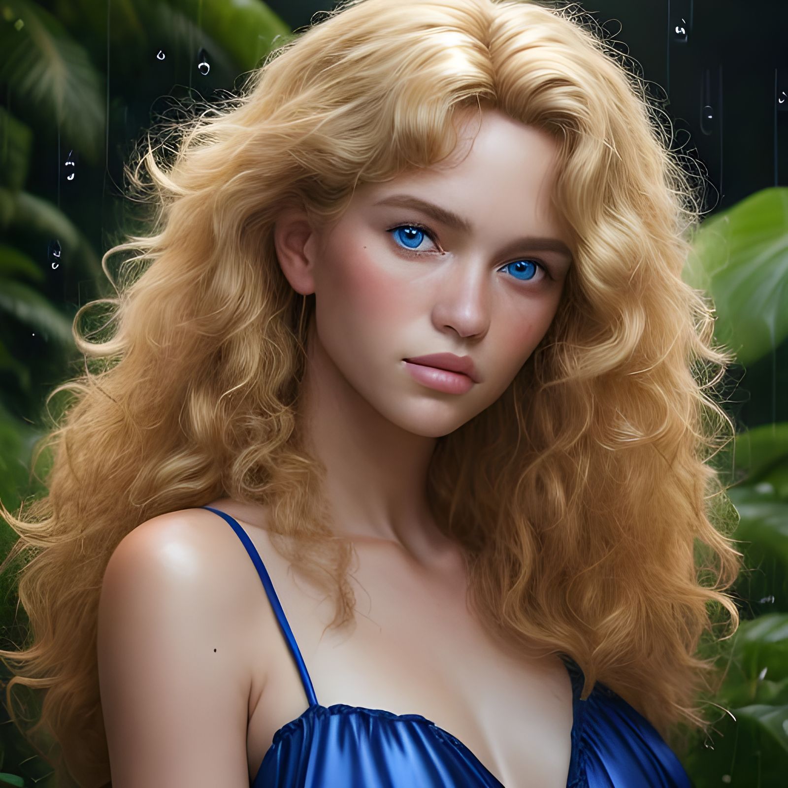 Shy Blonde Woman in Jungle, Professional Portrait