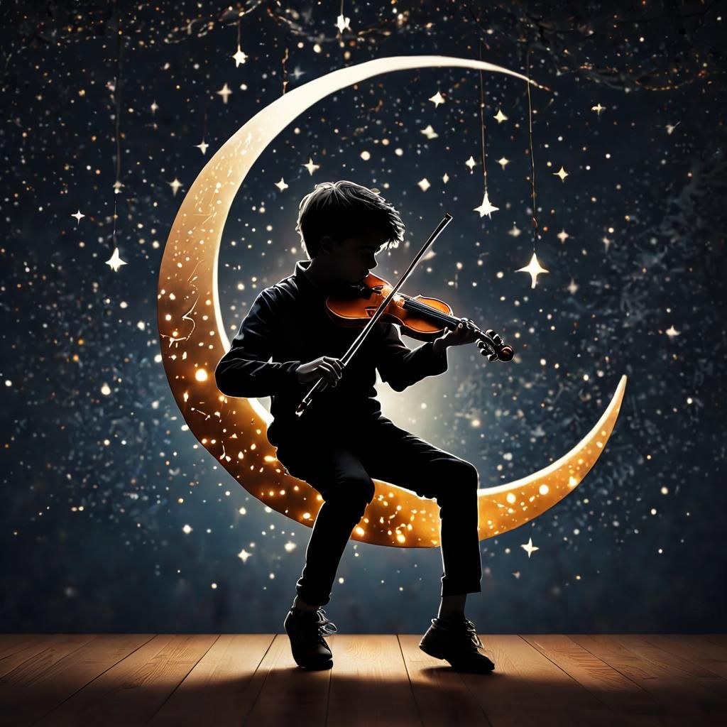 Boy on Moon Silhouette Playing Violin