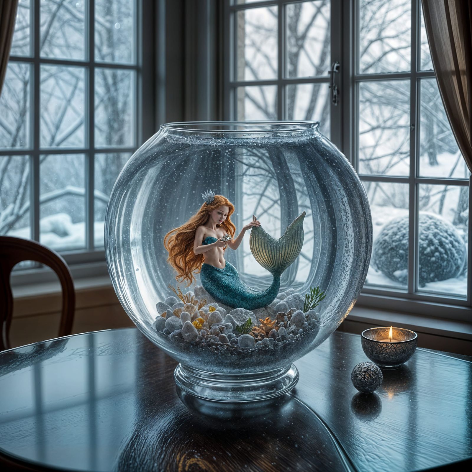 Mermaid's Cozy World Inside a Fishbowl