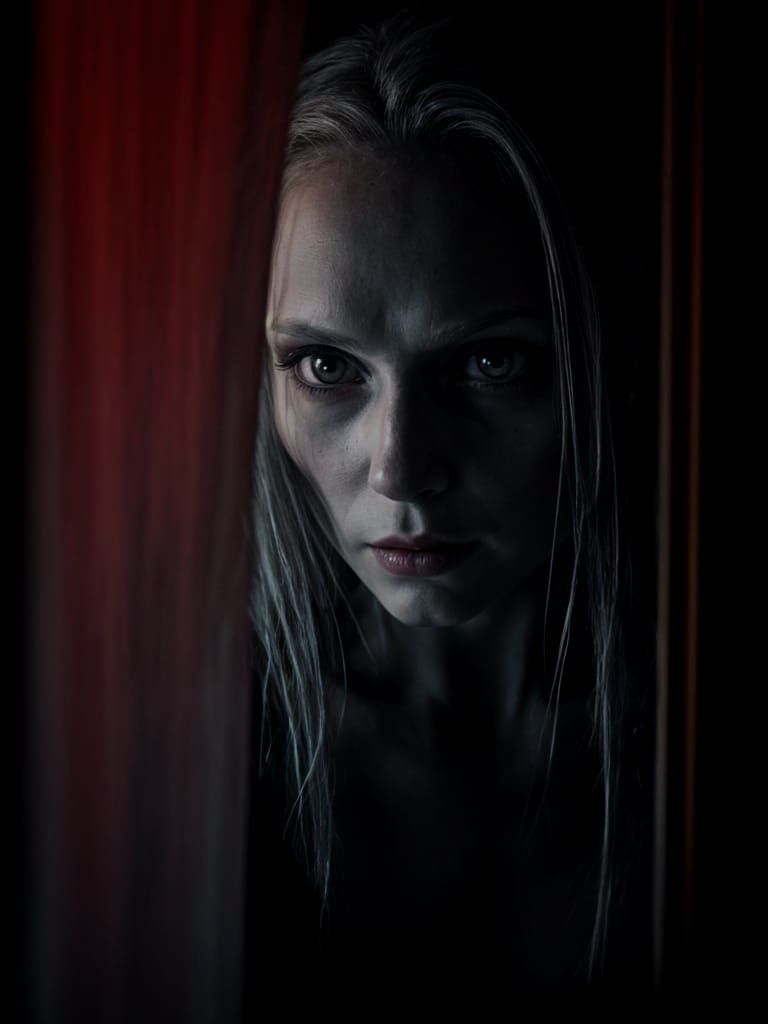Eerie Woman Stares Through Window at Night