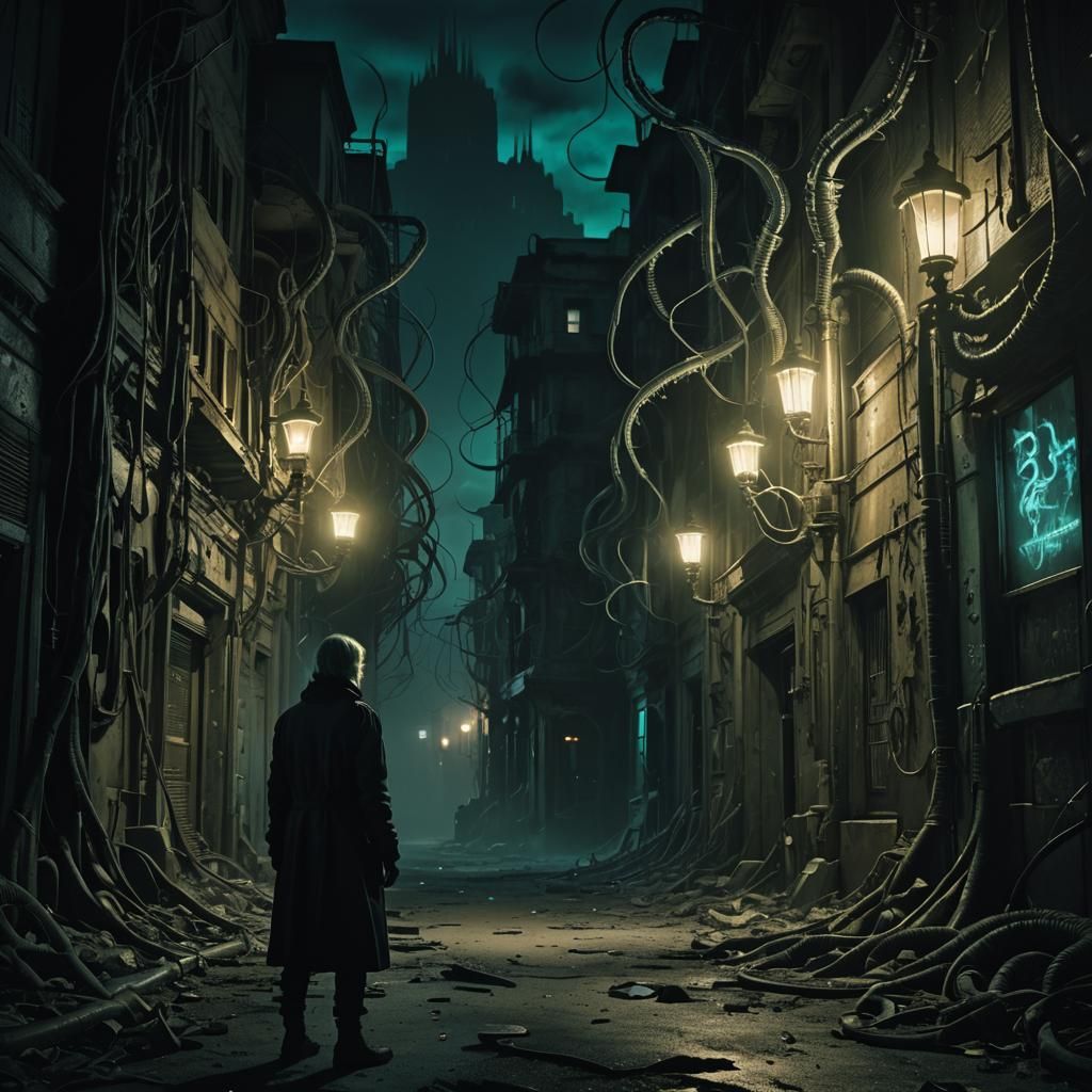 Surreal Bioluminescent Cityscape in Giger Style