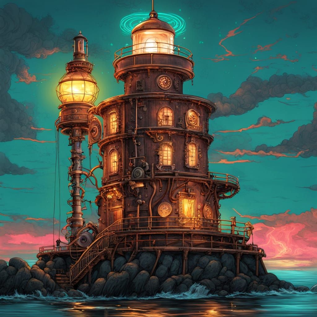 Steampunk Lighthouse Aglow with Neon