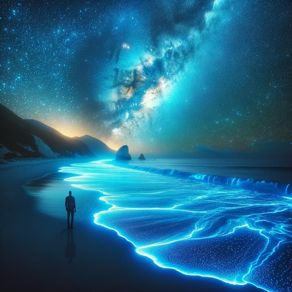 Bioluminescent Beach Under Starry Sky, Digital Painting