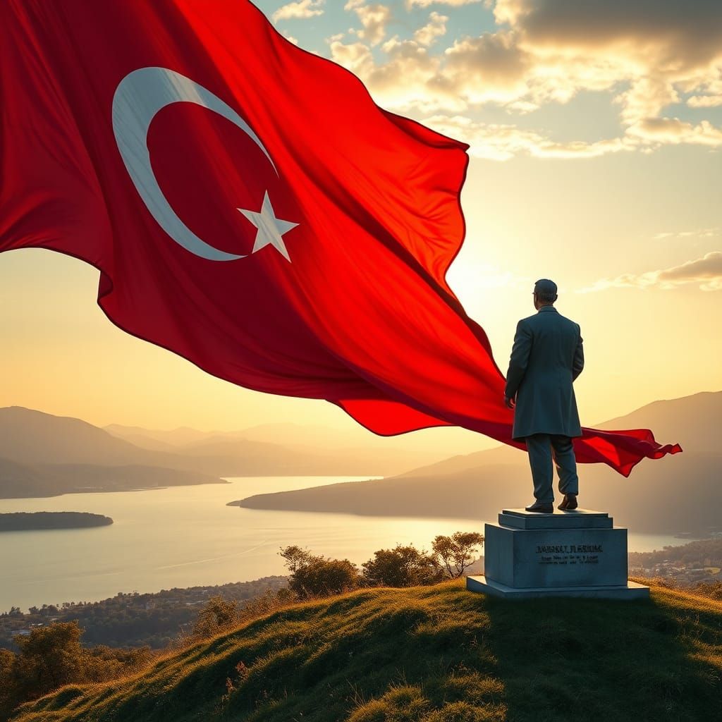 Turkish Flag and Atatürk Statue, Hyperrealistic Splash Art