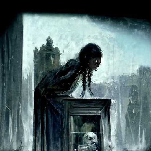 Ethereal Girl in Window: Gothic Horror Art