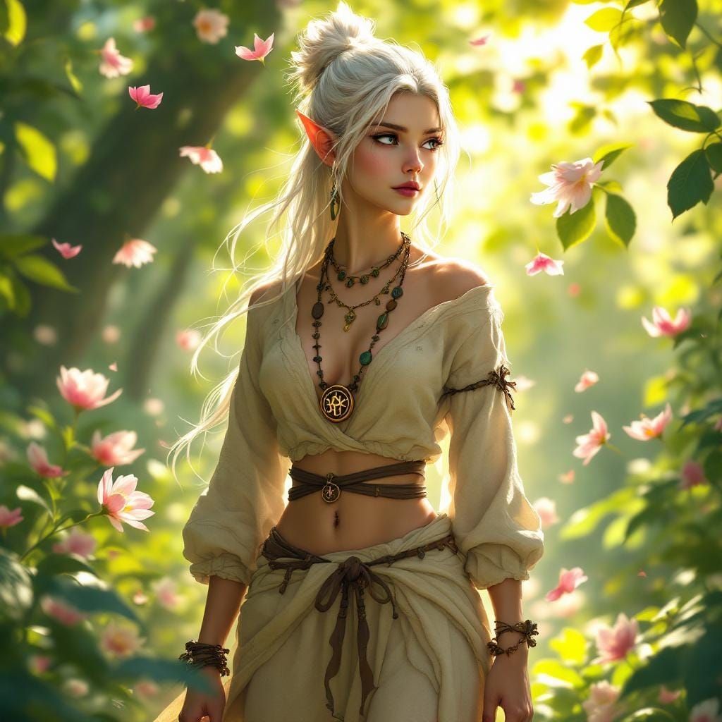 Tiefling in Forest Glade, Detailed Fantasy Art