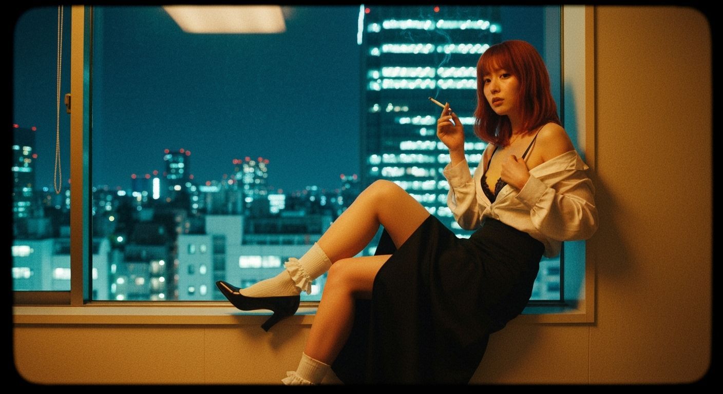 Redhead in Tokyo Night: Cinematic Film Still