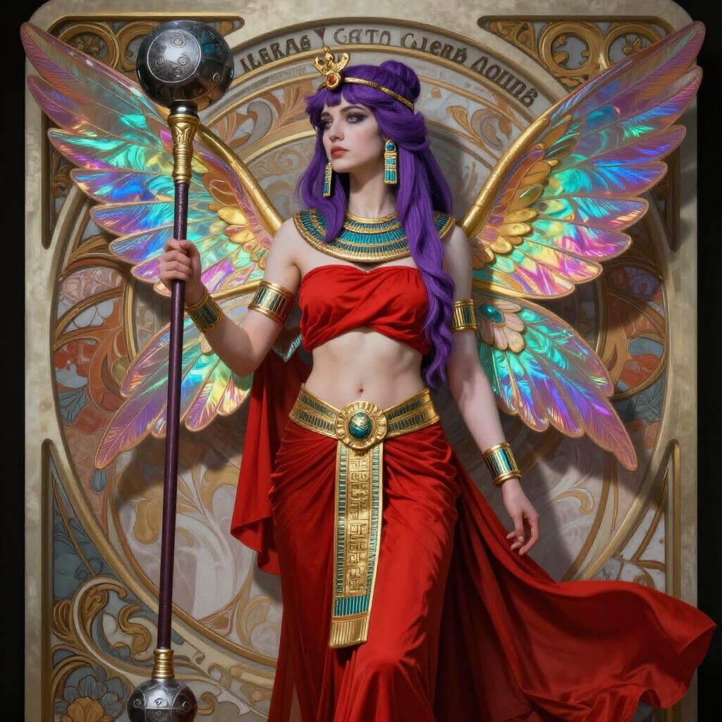 Holy Priestess with Purple Hair and Rainbow Wings