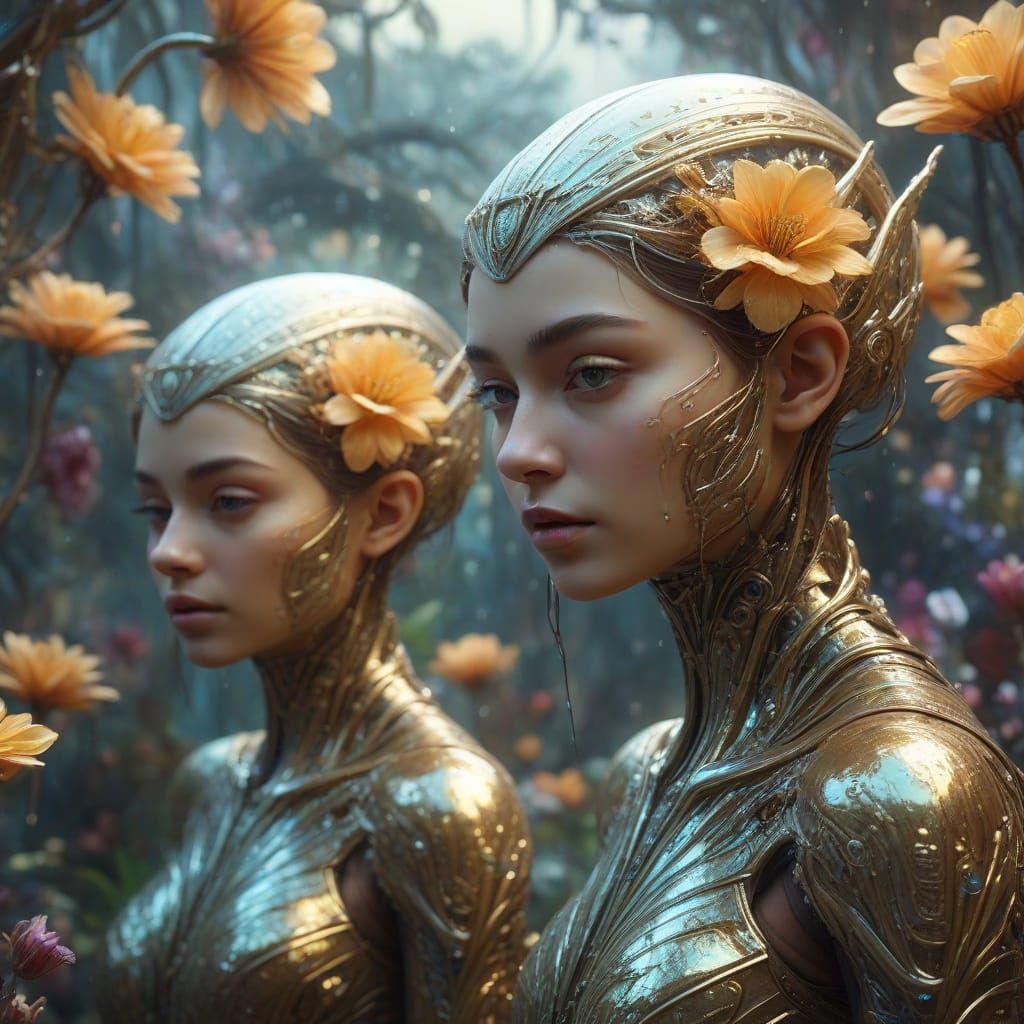 Girls in an Alien Garden: A Surreal Oil Painting
