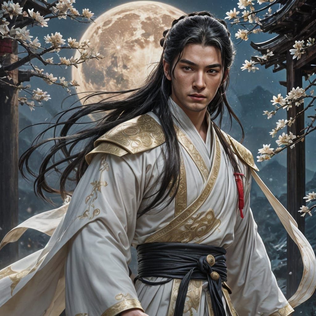 Ethereal Wuxia Warrior Under the Moonlit Night