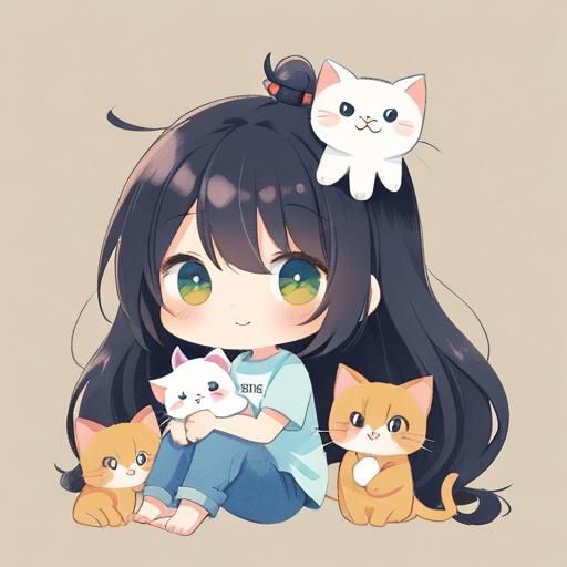 Chibi Girl with Kittens in Toon Shading Style