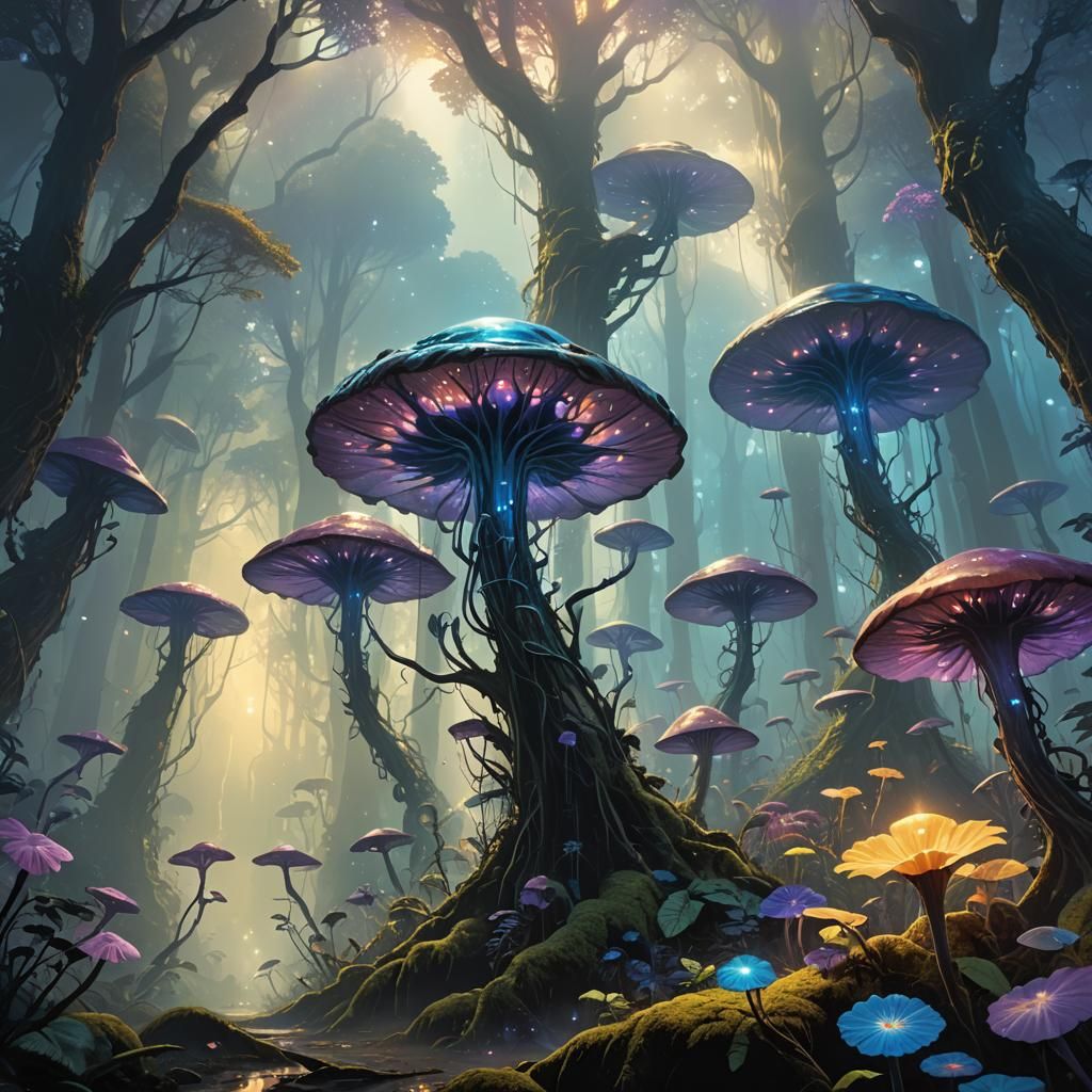Lush Alien Flora in a Vibrant Fantasy Forest
