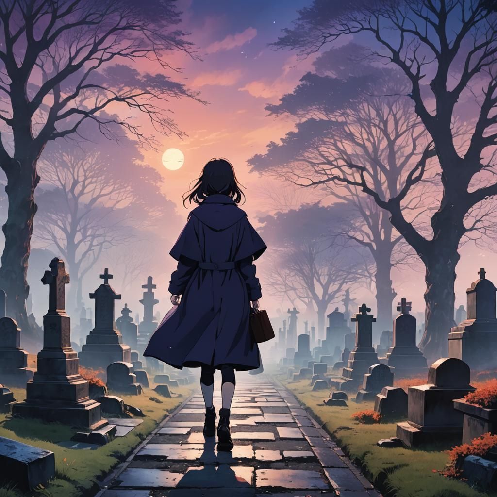 Anime Girl in Misty Cemetery at Dusk