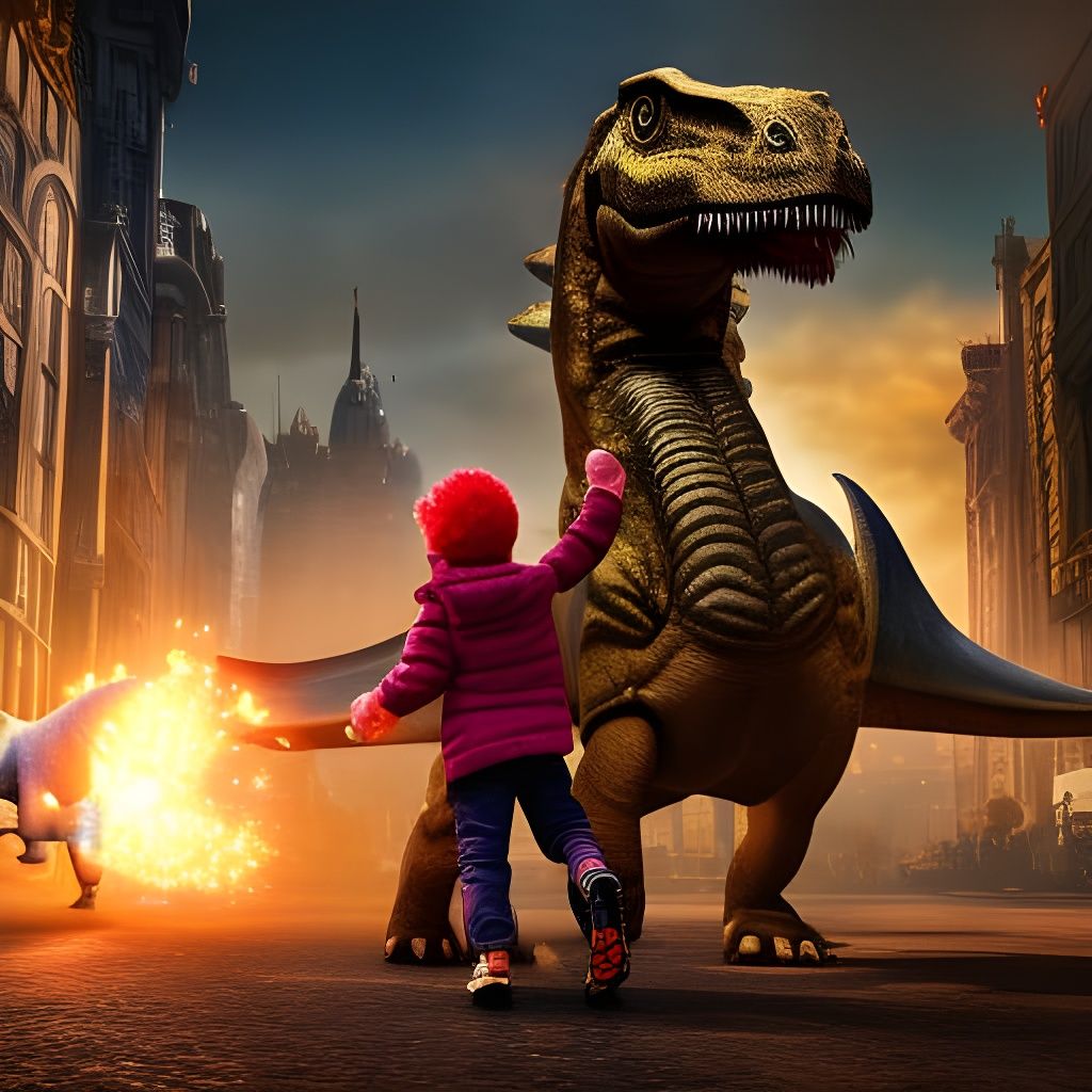 Toddler Rides Dinosaur in Steampunk City