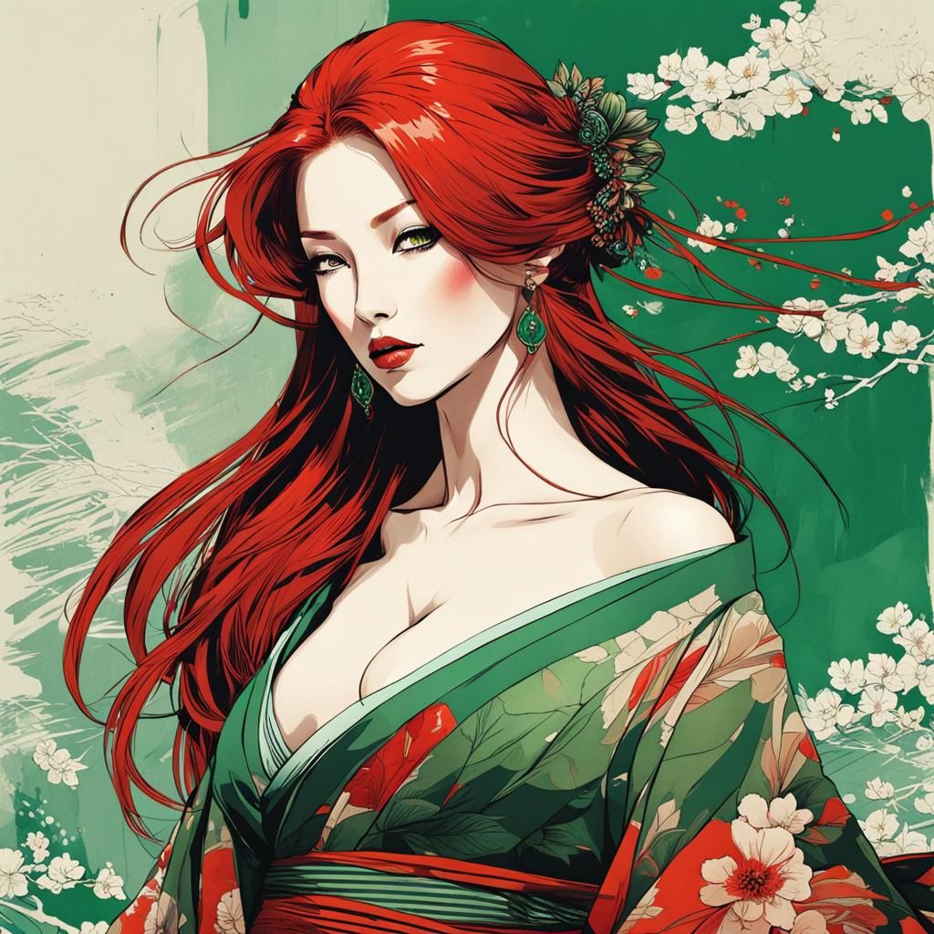 Voluptuous Woman with Red Hair in Ukiyo-e Style