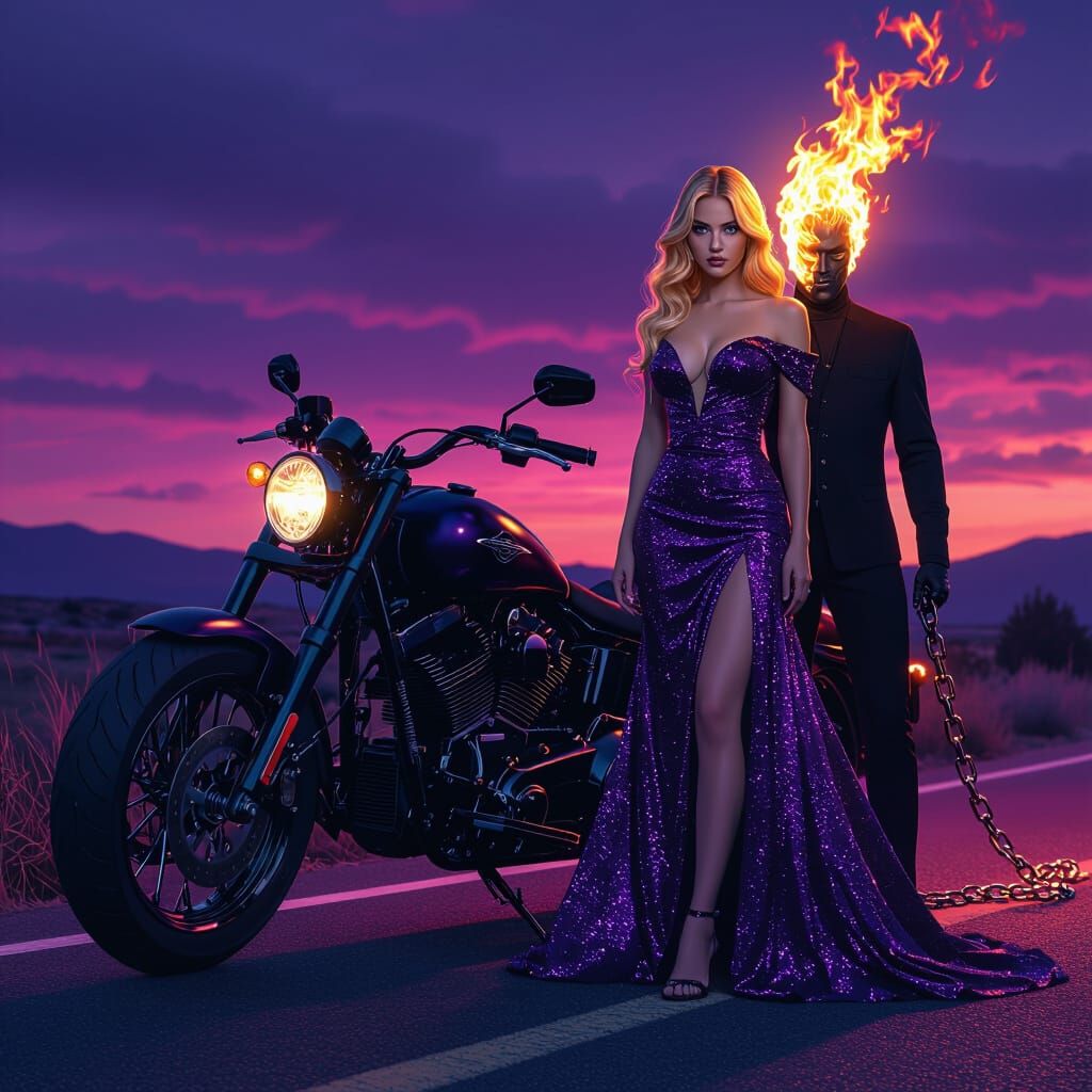 Gothic Fantasy Woman with Flaming Rider in Purple