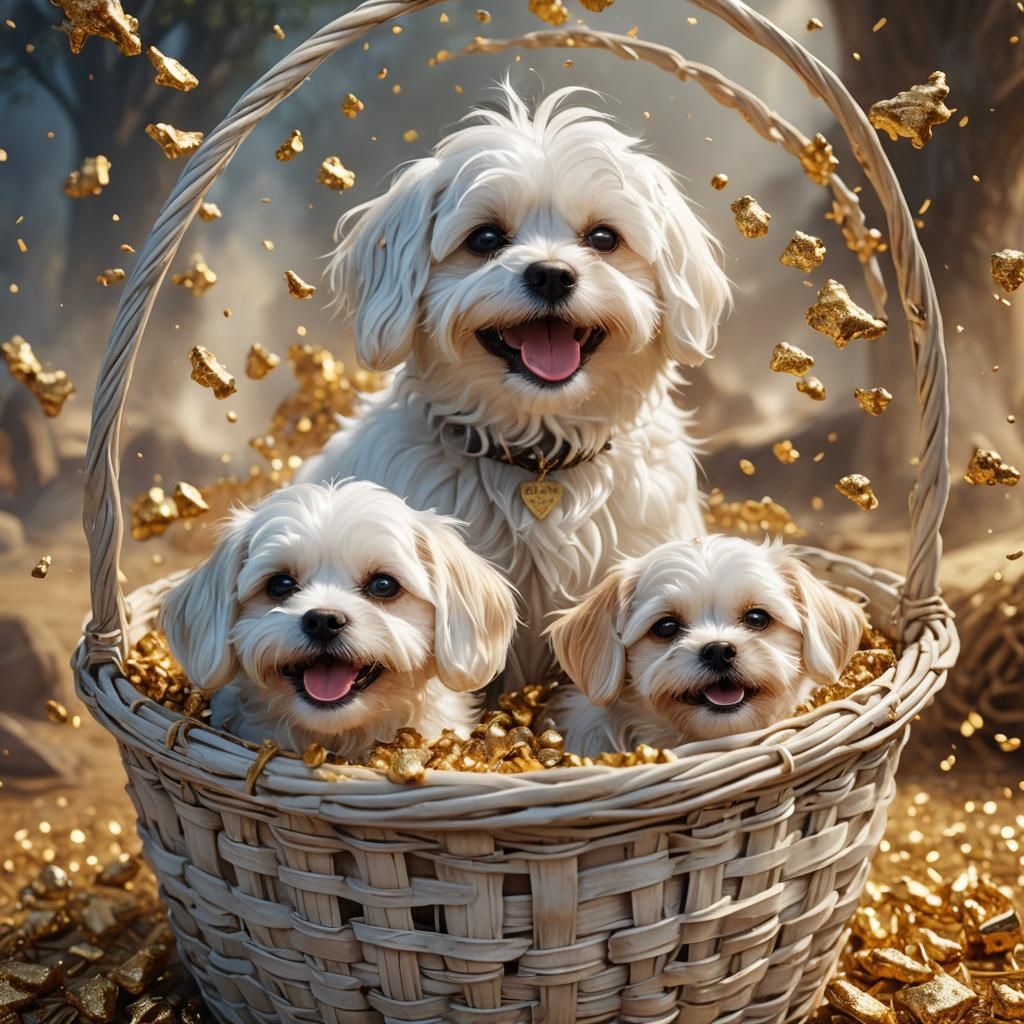 Smiling Maltese Dogs in Basket, Detailed Matte Painting