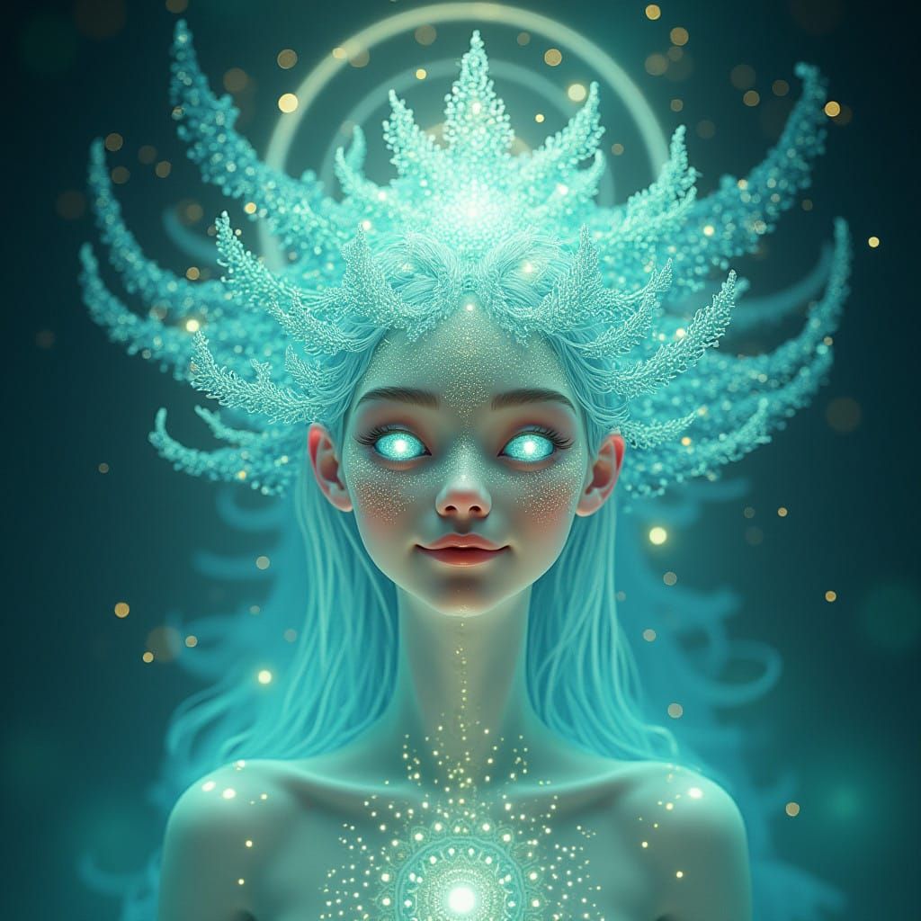 Serenely Radiant Being in Ethereal Turquoise Geometry