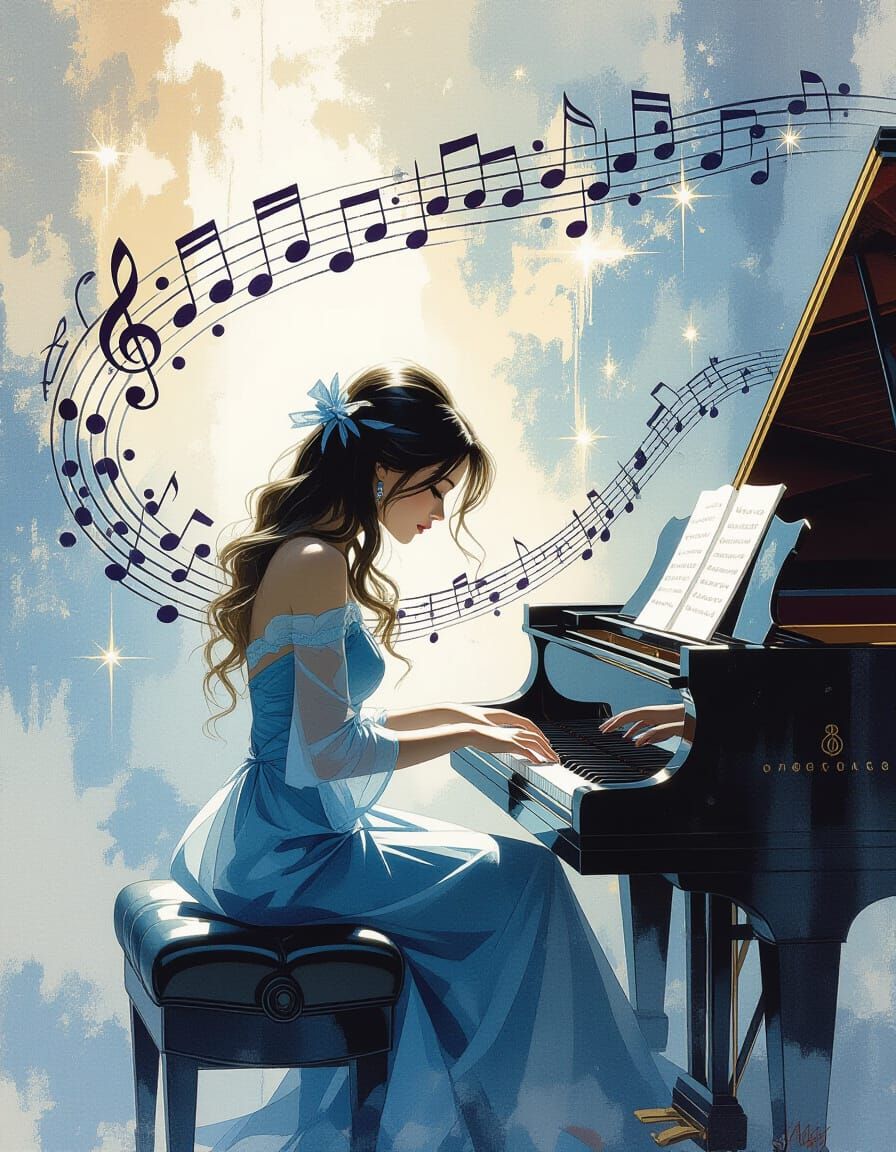Magical Pianist Composing Music Notes in Expressive Style