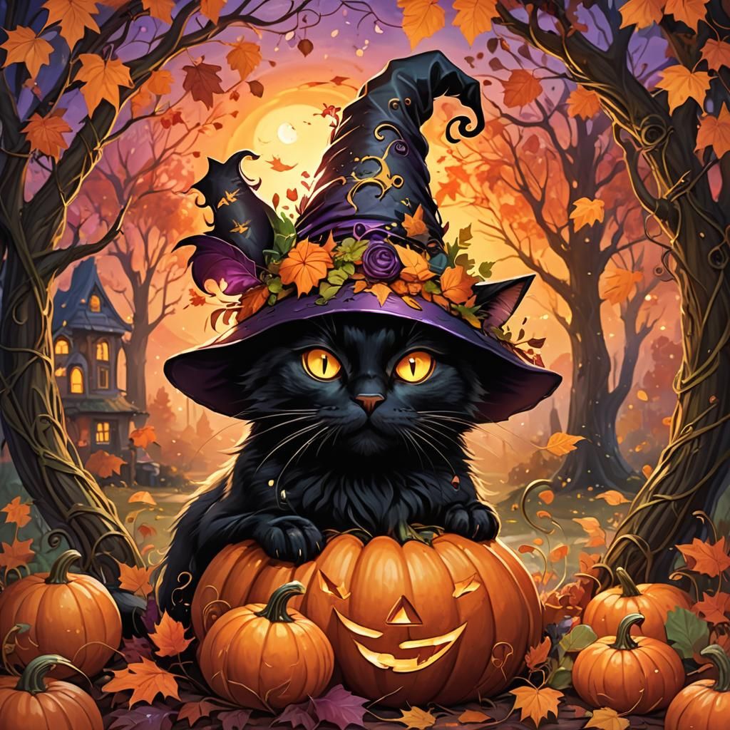 Enchanted Black Cat in Pumpkin, Fantasy Art
