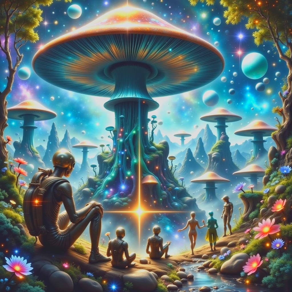 Vivid Alien Landscape with Giant Mushrooms