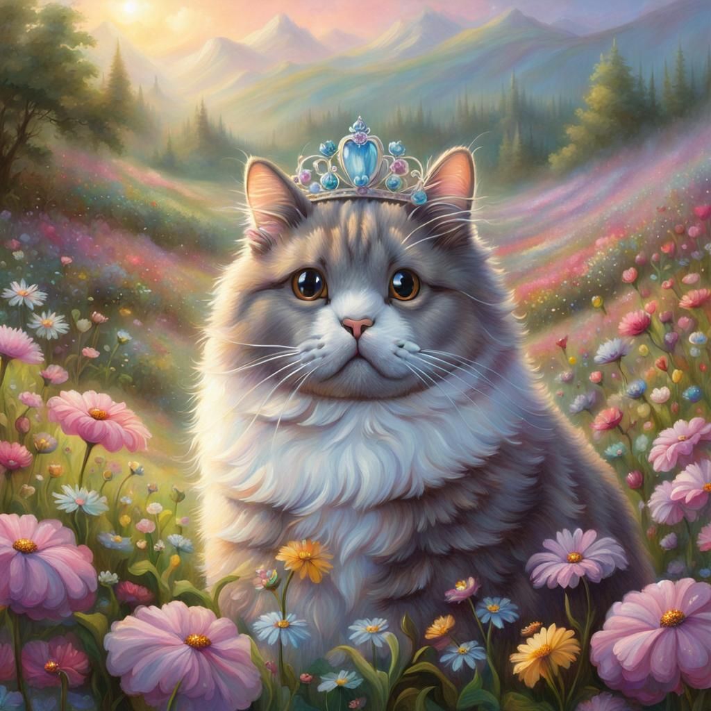 Pusheen Cat in Flower Meadow, Ethereal Fantasy Art