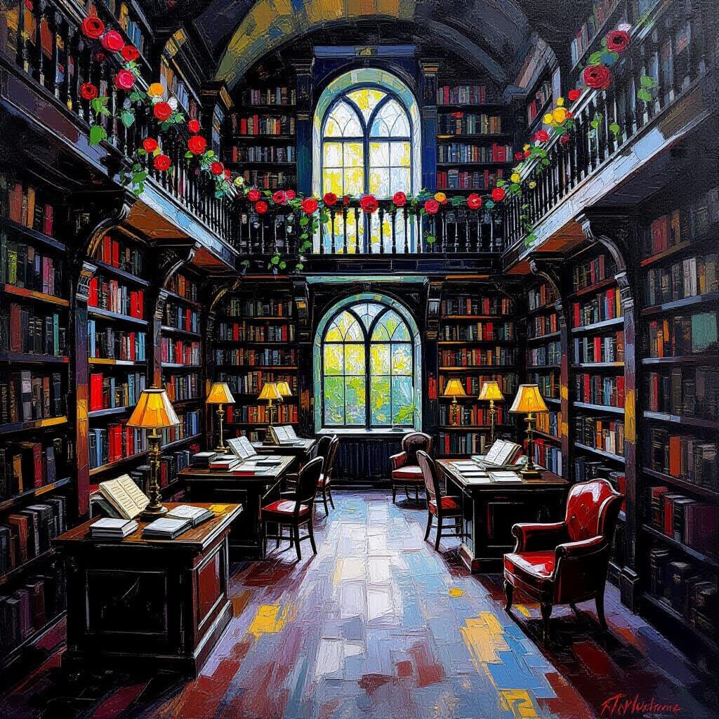 Gothic Library Adorned with Black Roses