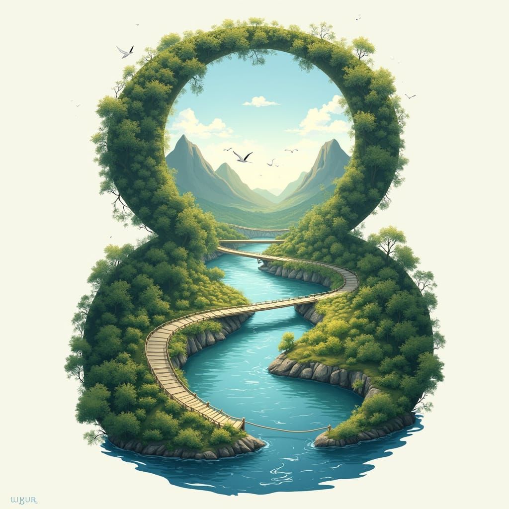 Surreal Valley Scene with Winding River and Geometric Elemen...