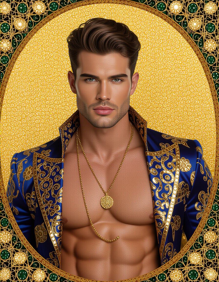 Glamorous Male Model in Klimt-Inspired Style