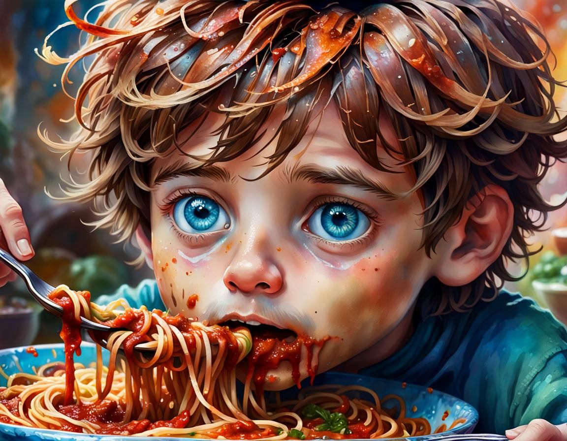 Close up little boy with brown hair, blue eyes, eating giant...