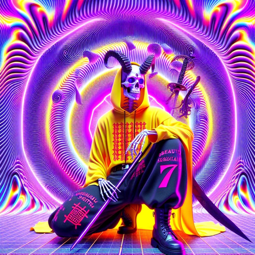 Asian Skeleton Warrior Trapped in Vibrant Spiritual Web