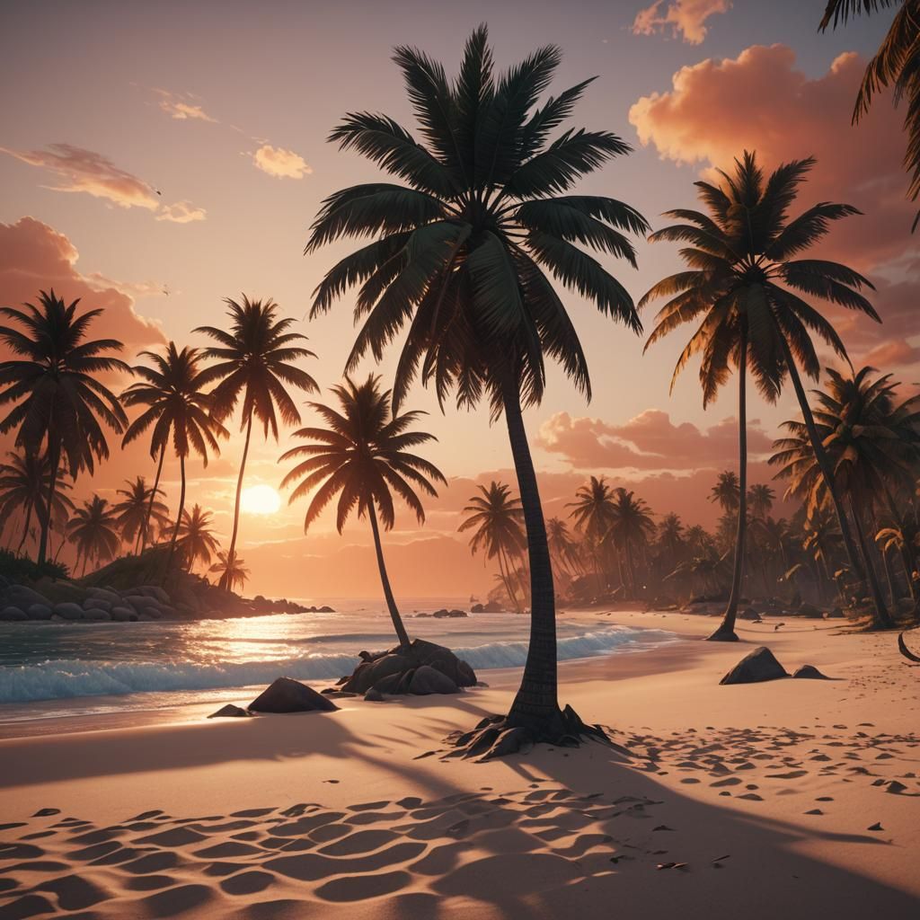 Vivid Sunset Beach Scene in 3D Game Style