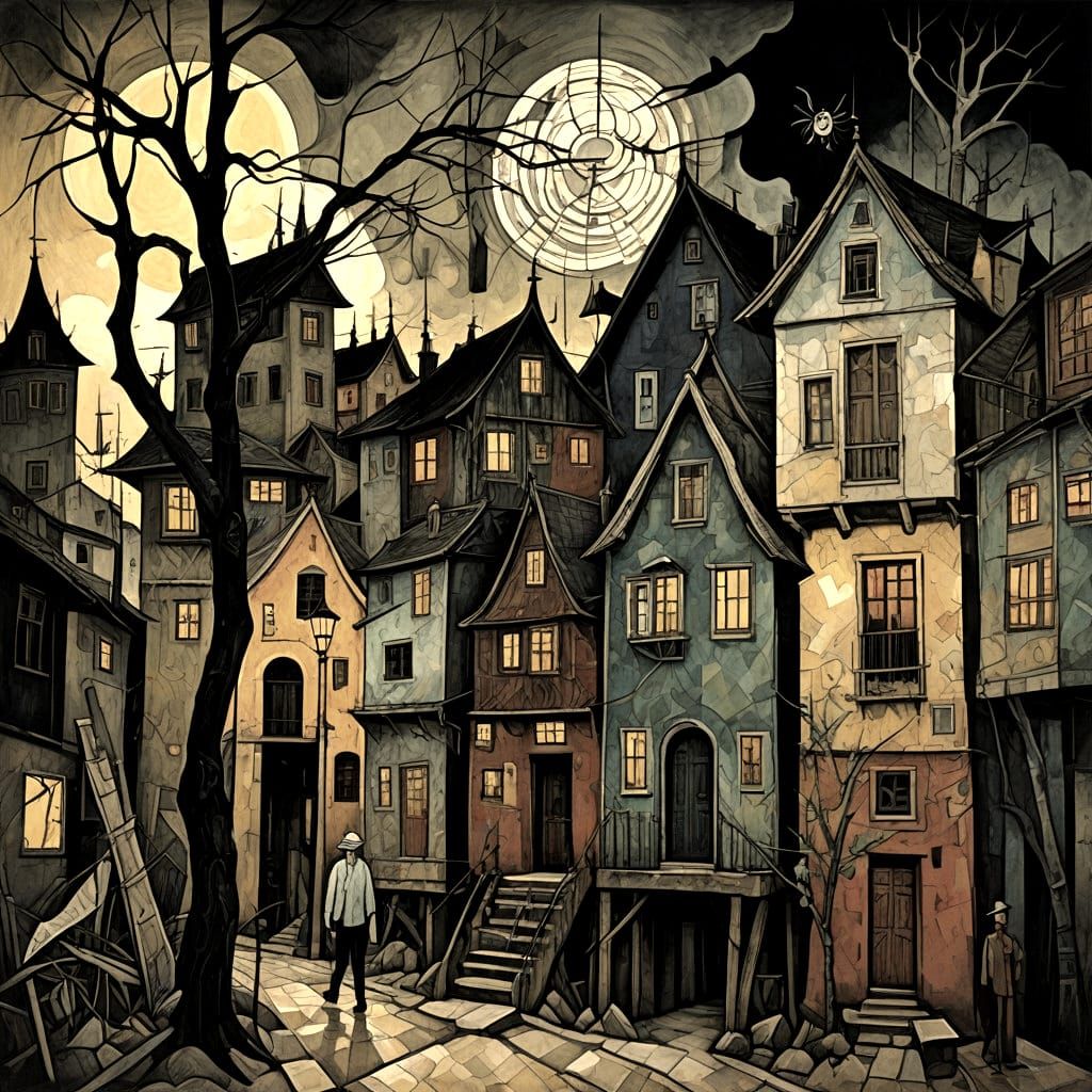 Haunting Dreamscape: Spider-Legged Houses in Dark Obscurity
