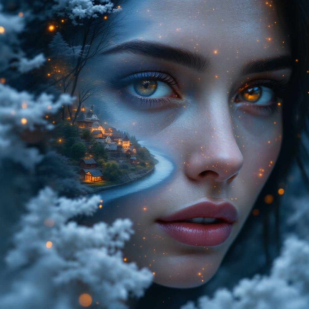 Serene Goddess with Emerging Village Landscape