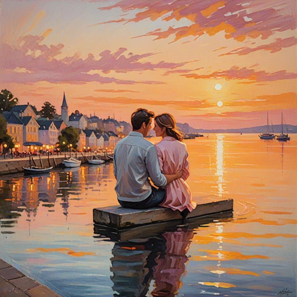 Romantic Couple at Sunset: Impressionist Painting